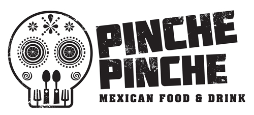 Black and white image of the Pinche Pinche logo featuring a skull with cutlery and the Pinche Pinche name